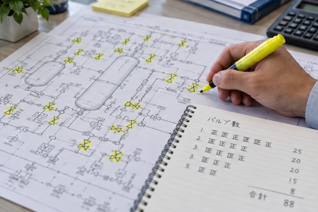 P&ID を見ながら、機器や弁を1つずつ数えている